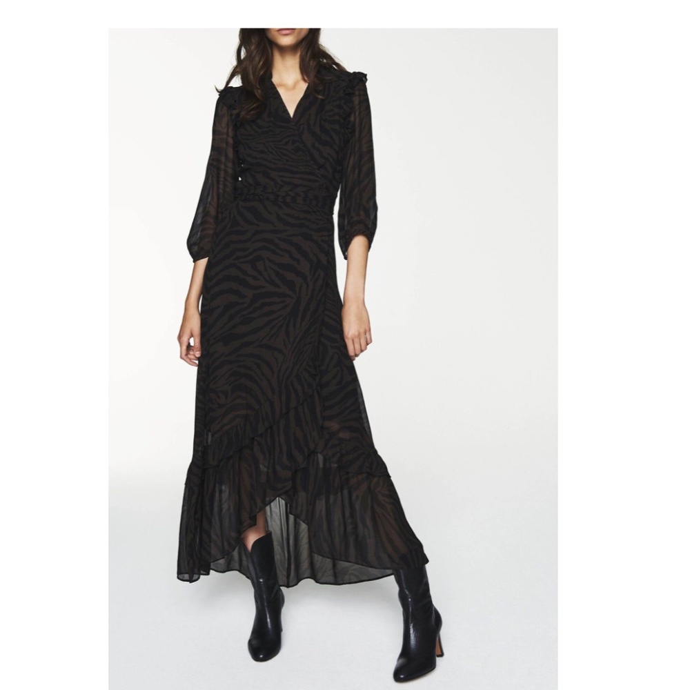 Ba&sh Selena Animal Print Ruffle Midi Wrap Dress